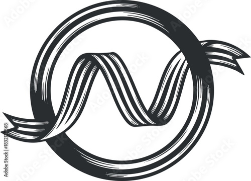 A stylized wave ribbon inside a circular frame in black and white minimalist vector style, ideal for logo design and branding