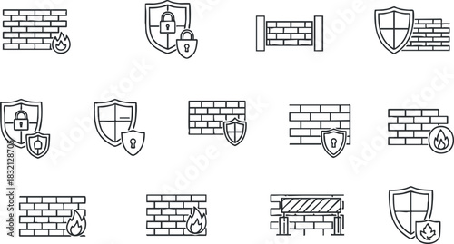 A set of security and protection icons featuring shields, brick walls, and fire in minimal line art vector style, suitable for safety and security projects