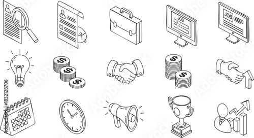 A collection of business and career icons in minimalist outline vector style, suitable for employment and professional development projects