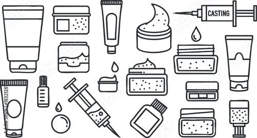 A collection of cosmetic and healthcare product containers including tubes, jars, and syringes in minimalist line art style, suitable for beauty and health branding