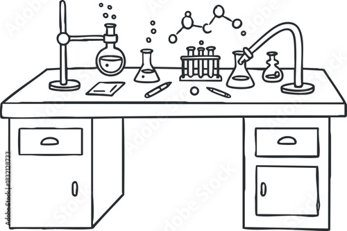 A laboratory desk with flasks, test tubes, and molecular models in outline sketch vector style, ideal for educational materials