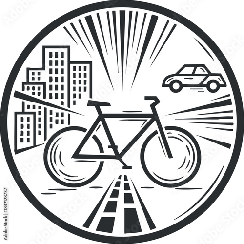 A bicycle with a city skyline and a car in black and white outline vector style, suitable for urban transportation themes
