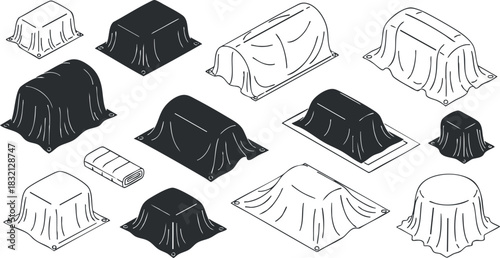 A collection of various covered items in black and white outline vector style, perfect for home decor and design projects