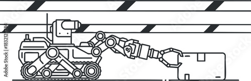 A robotic arm with tracks lifting a cargo box in a clean black and white outline vector style, suitable for technology and automation projects