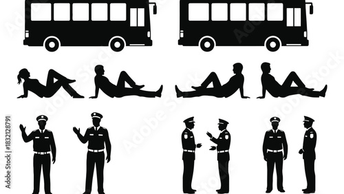 Vector silhouettes of bus people and police officers illustration