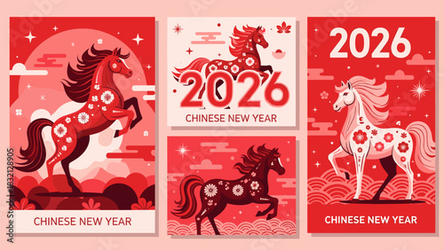 Collection of stylized illustrations featuring horses representing the chinese new year celebration, set against red backgrounds