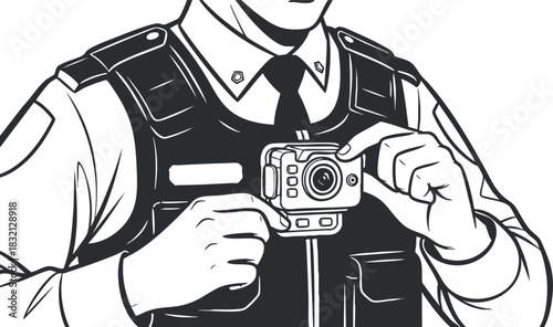 A police officer adjusting a body camera in black and white outline vector style, ideal for law enforcement illustrations