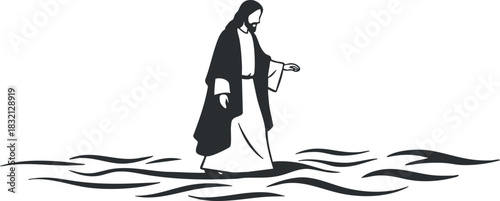 A silhouette of Jesus walking on water in black and white minimalist vector style, ideal for religious designs and illustrations