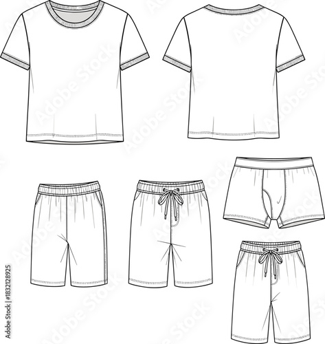 Men's sleepwear set technical fashion flat sketch featuring t-shirt, boxer briefs, and drawstring shorts, vector illustration template for loungewear.