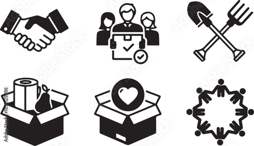 Icons representing charity community and support showcasing teamwork and humanitarian aid.