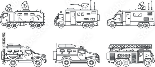 A set of outline vector illustrations of various emergency and service vehicles including a fire truck, military truck, and ambulance, suitable for public safety and emergency services design