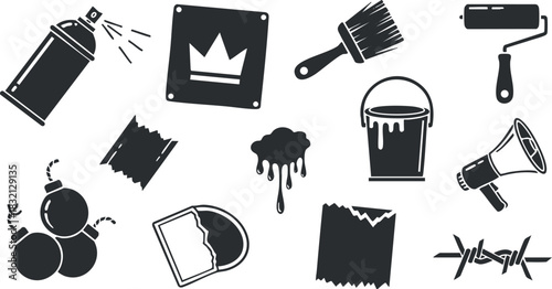 A collection of graffiti art tools including spray paint cans, brushes, and stencils in black and white vector style, ideal for urban design projects