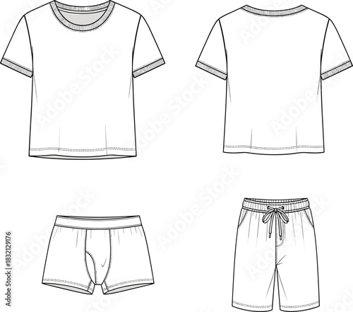 Men's loungewear set technical fashion flat sketch featuring crew neck t-shirt, boxer briefs, and drawstring shorts vector template.