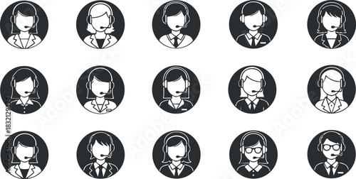 A collection of call center operator icons in black and white flat vector style, suitable for customer service and communication themes