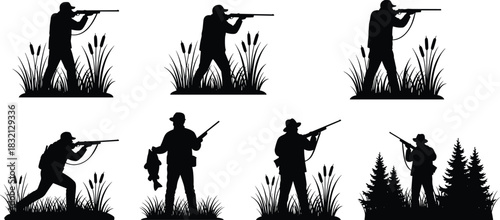 Hunter silhouette set, men with rifles aiming in marshland and forest, vector illustration collection of outdoor shooting sport.