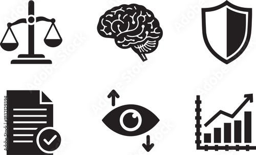 Icons representing justice intelligence security documentation vision and growth.