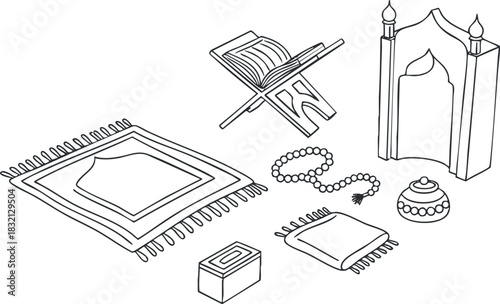 A collection of Islamic prayer items including a rug, book, prayer beads, and a mosque silhouette in black and white outline style, suitable for cultural or religious designs