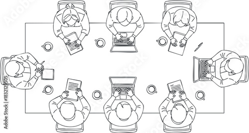 A group of six people engaged in a business meeting around a table in minimalist black and white vector style, ideal for corporate presentations