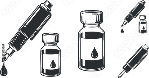 A collection of syringes and vials with liquid drops in black and white outline vector style, ideal for healthcare and medical design
