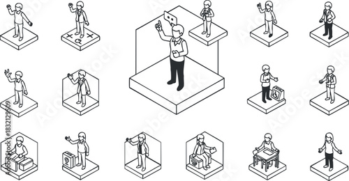 A collection of business professionals interacting with technology in outline vector style, suitable for digital marketing and corporate presentations