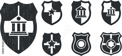 A collection of shield and badge icons featuring various designs, including stars and government buildings in flat black and white vector style, ideal for law enforcement and security branding