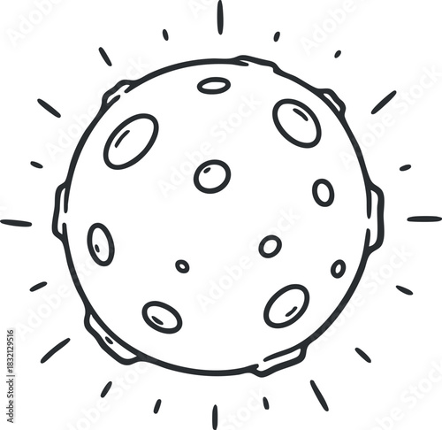 A simple outline illustration of a moon with craters and radiating lines in minimalist vector style, ideal for space-themed designs