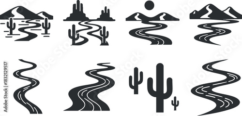 A collection of desert landscape illustrations featuring rivers, mountains, and cacti in black and white minimalist vector style, ideal for nature-themed projects
