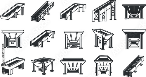 A set of conveyor belt illustrations in black and white outline vector style, suitable for industrial design and engineering projects