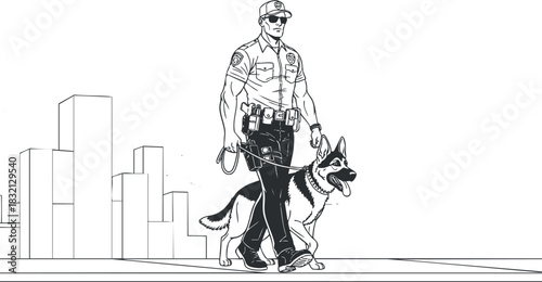 A police officer walking a German shepherd dog in black and white outline vector style, suitable for law enforcement themes and public safety designs
