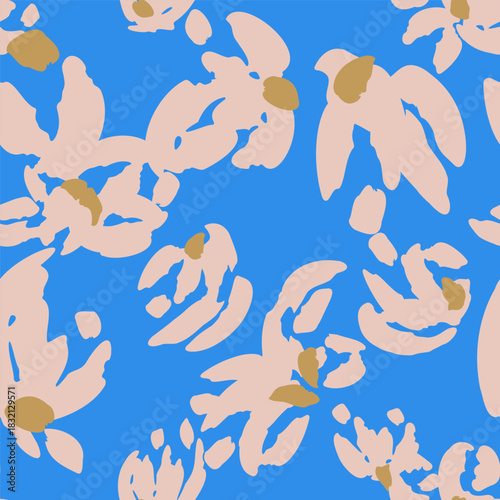 Abstract floral seamless pattern with soft beige flower shapes and muted golden centers on a bright blue background. Perfect for textiles, packaging, wallpapers, branding, stationery