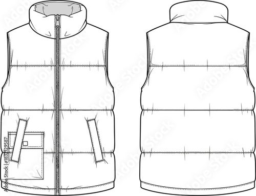 Vector technical sketch, men's puffer vest, quilted sleeveless jacket, high collar, zipper closure, welt pockets, fashion flat illustration, clothing design.