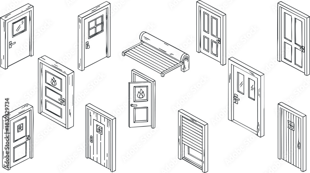 Fototapeta premium A collection of various door designs in outline style, featuring different types including fire doors, ideal for architectural projects