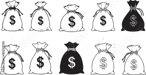Collection of Dollar Sign Money Bags in Black and White Outline and Silhouette currency