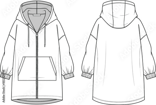 Oversized zip-up hoodie dress vector technical drawing, longline sweatshirt flat sketch, front and back view, fashion apparel design template