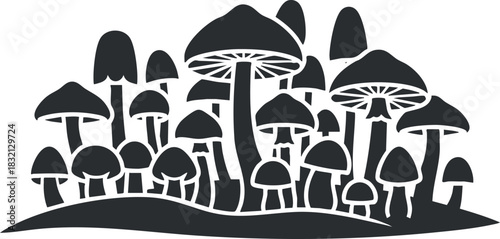 A collection of various mushrooms in a black silhouette vector style, ideal for nature-themed designs and illustrations