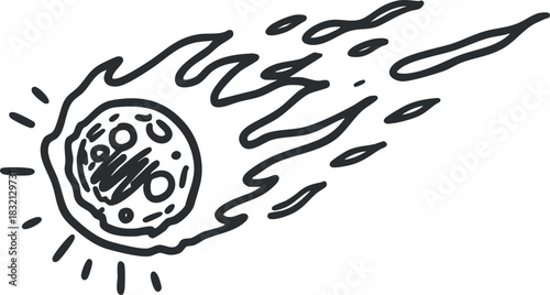 A comet with a fiery tail in black outline vector style, suitable for educational and creative projects