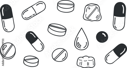 A collection of various pills and capsules in simple outline vector style, suitable for healthcare and medical designs