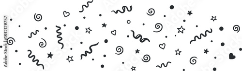 A collection of playful doodles including stars, hearts, and swirls in black and white vector style, ideal for festive designs