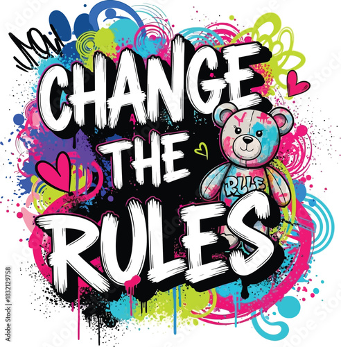 Inspiring graphic design featuring colorful teddy bear with vibrant splash art