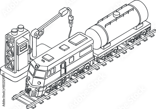 A detailed illustration of a freight train locomotive with a tank car in black and white outline vector style, suitable for transport and logistics projects