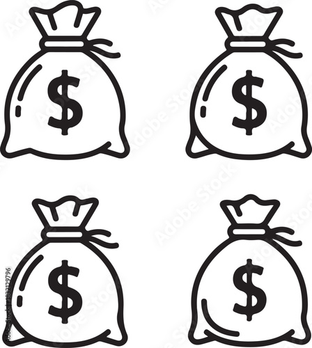 Four Money Bags with Dollar Signs in Black and White Outline finance currency