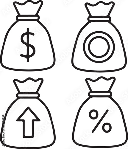 Four Money Bags with Dollar, Circle, Arrow, and Percentage Symbols dollar sign percentage sign
