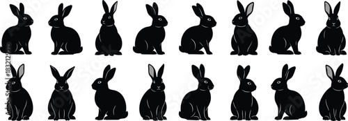 Rabbit silhouettes vector set, black bunny collection, cute hare poses, sitting and standing animals, Easter holiday design elements