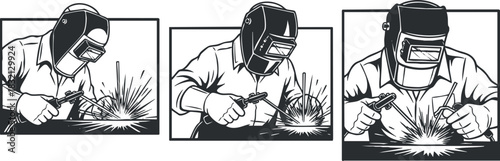 A set of three illustrations depicting a welder in action with sparks flying in flat vector style, ideal for industrial design and educational materials