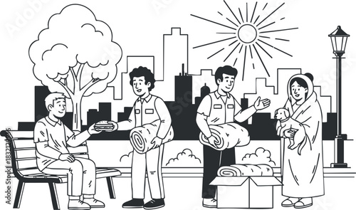 A scene depicting volunteers assisting the homeless with food and blankets in a black and white lineart vector style, suitable for community outreach projects