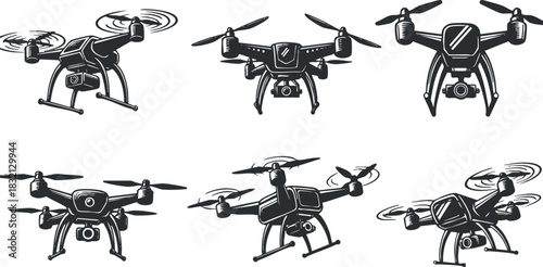 A collection of six drone illustrations in black and white vector style, suitable for technology and gadget design projects