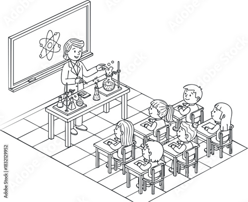 A science classroom scene with a teacher conducting an experiment in black and white outline vector style, ideal for educational materials