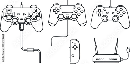 A collection of gaming controllers including wired and wireless designs in clean outline vector style, ideal for technology and gaming projects