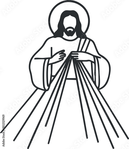 An outline illustration of Jesus Christ with outstretched hands and rays of light in minimalist vector style, suitable for religious art and spiritual projects