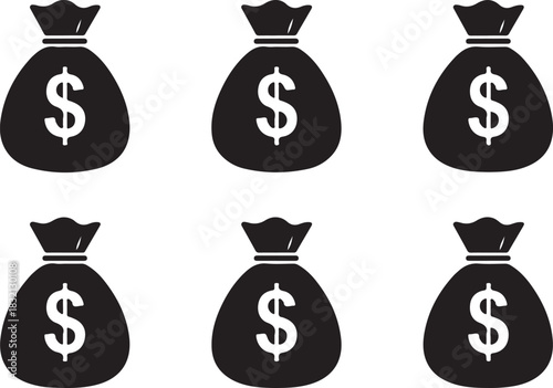 Six Solid Black Money Bags with Dollar Signs on White Background currency finance
